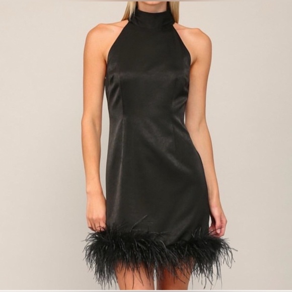 Fate Dresses & Skirts - Fate Black Mini Halter Dress with Feather Hem Detail Size S
